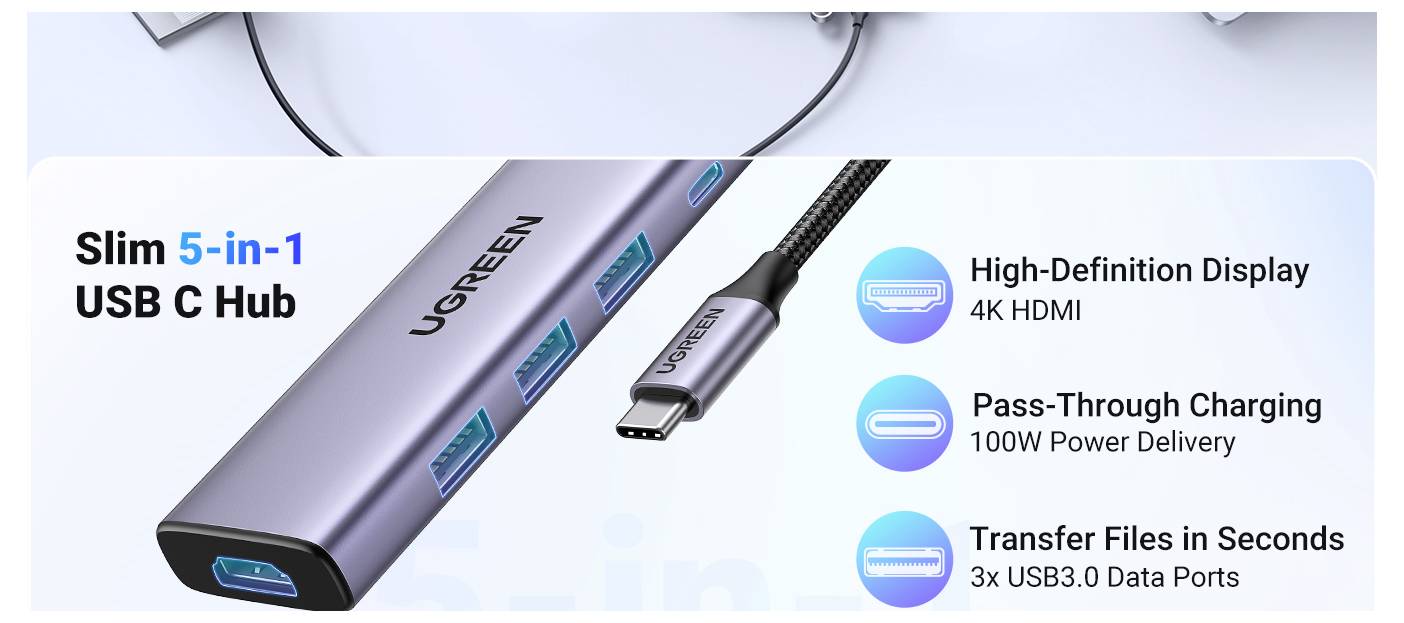Štíhlý 5-v-1 USB C rozbočovač s 4K HDMI, 100W Power Delivery a 3x USB3.0 porty pro rychlý přenos dat. Zvýrazněné funkce zahrnují displej ve vysokém rozlišení, průchozí nabíjení a přenos dat.