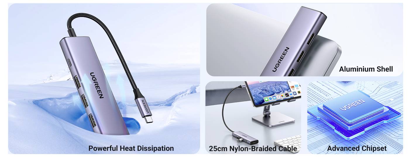 'UGREEN USB-C Hub s hliníkovým krytem, 25cm nylonový opletený kabel. Disponuje pokročilou čipovou sadou pro účinné odvádění tepla.'