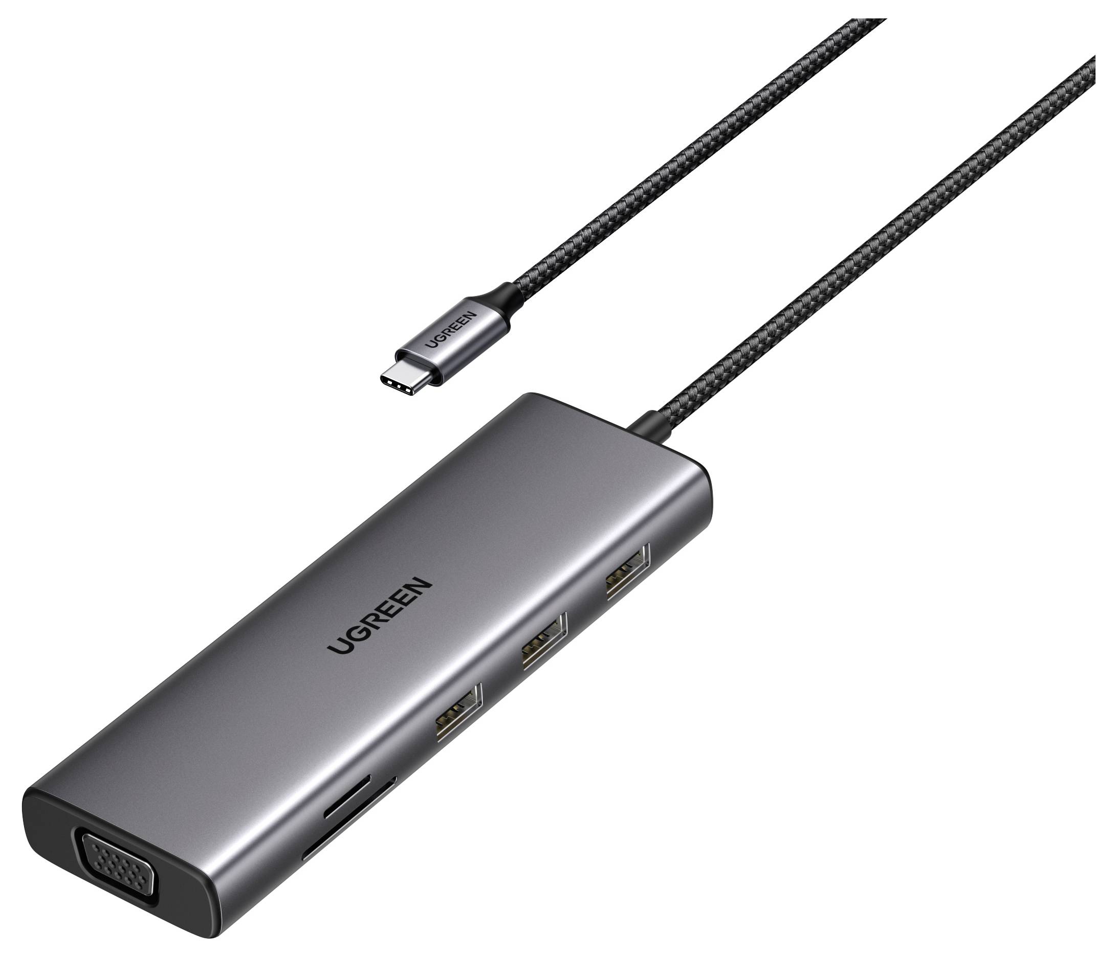 Elegantní rozbočovač UGREEN s USB-C s několika porty včetně HDMI, USB, VGA a slotů na SD karty, který zobrazuje kompatibilitu pro různé připojení.