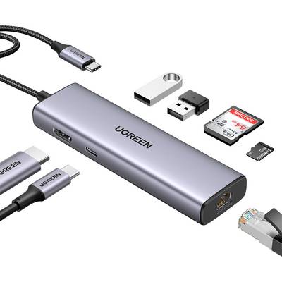 Rozbočovač UGREEN USB-C s několika porty včetně HDMI, ethernetového připojení a čtecích slotů na karty, obklopený různými konektory a paměťovými kartami.