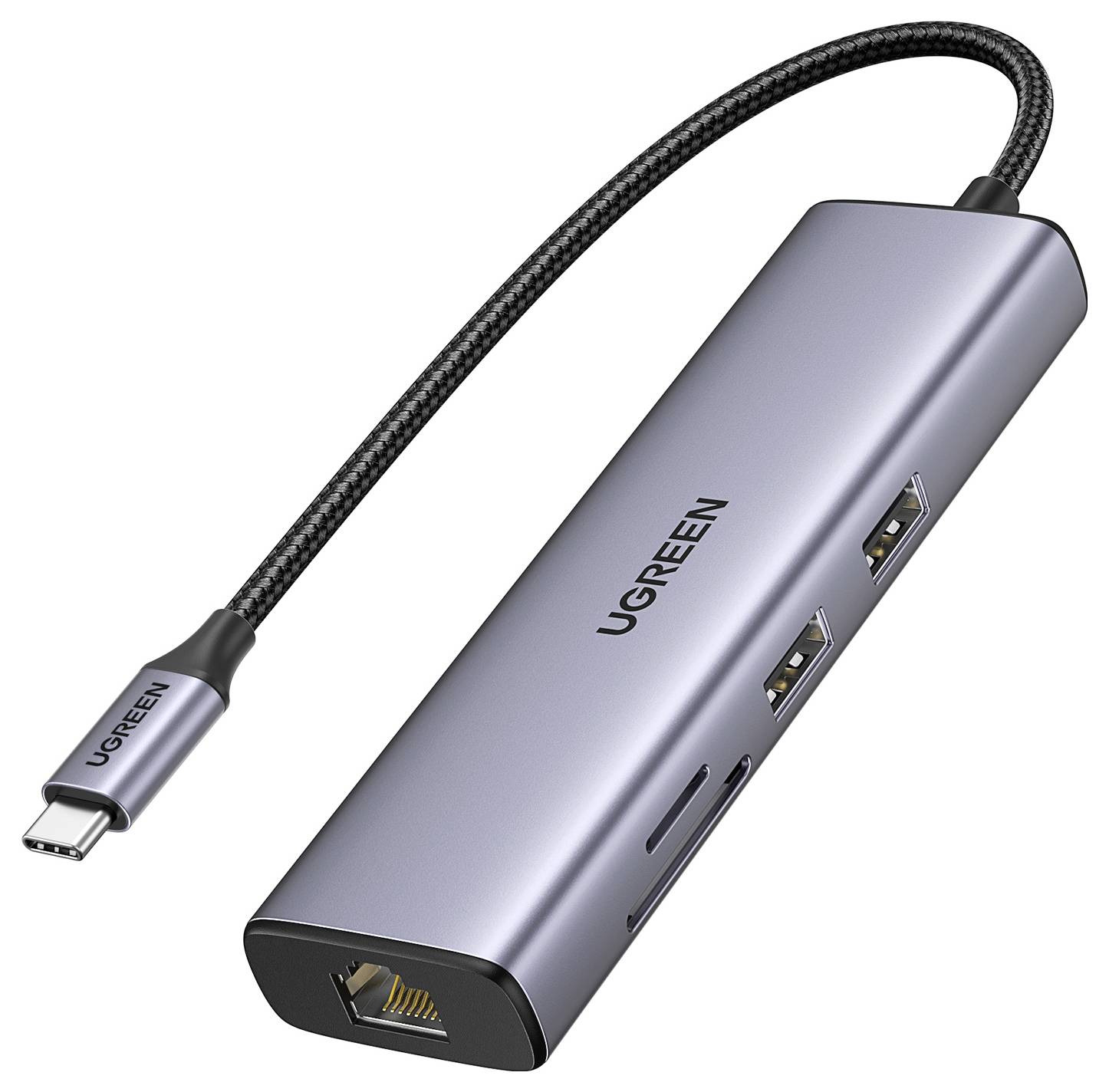 Stříbrný rozbočovač UGREEN s USB-C, který má dva USB porty, ethernetový port a další sloty, zobrazený s připojeným kabelem. Ideální pro rozšíření možností připojení.