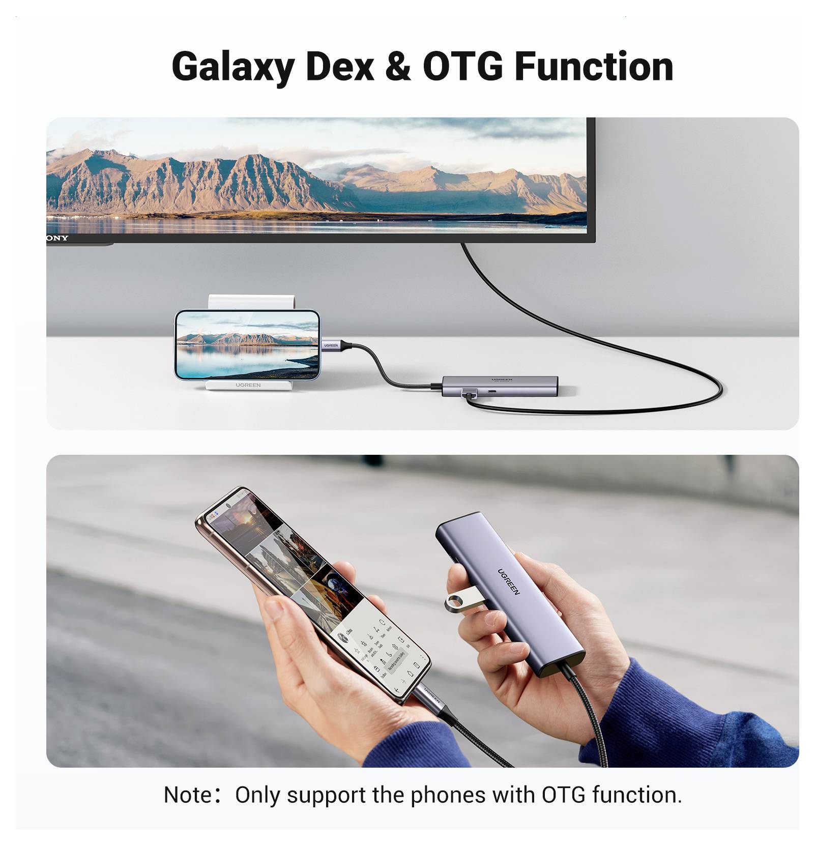 'Funkce Galaxy Dex a OTG' obrázek; nahoře: smartphone připojený k monitoru přes adaptér zobrazující zrcadlený displej; dole: osoba používající telefon s připojeným adaptérem; poznámka: 'Podporováno pouze u telefonů s funkcí OTG.'