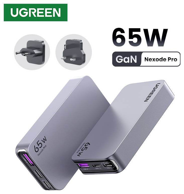 UGREEN 65W GaN Nexode Pro nabíječka s duálními USB porty. Kompaktní design s výměnnými zástrčkami vhodný pro efektivní nabíjení zařízení.