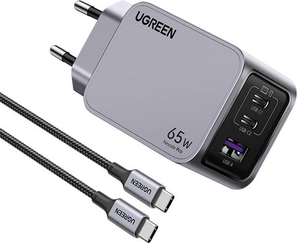 UGREEN Nexode Pro USB nabíječka, GaN, 2x USB-C®, 1x USB A , 65 W, PPS, Power Delivery 3.0, Quick Charge 4.0, šedá
