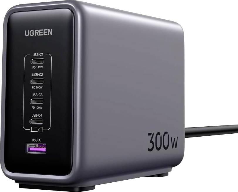 Obdélníkový nabíječ UGREEN s výkonem 300 W, vybavený čtyřmi USB-C porty a jedním USB-A portem, vhodný pro nabíjení několika zařízení současně.