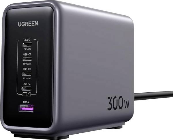 UGREEN Nexode síťový adaptér / napájení, GaN, regulovatelné výstupní napětí, Rychlonabíječka, Zásuvka USB 3.0 A, USB-C® zásuvka, USB-C® zásuvka, USB-C® zásuvka, USB-C® zásuvka, 300 W, Dodávka energie, černá, šedá