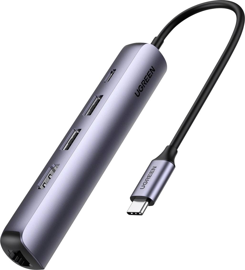 Elegantní stříbrný USB-C multiportový adaptér s názvem značky. Obsahuje tři USB sloty, jeden HDMI port, jeden Ethernet port a jeden slot na SD kartu.