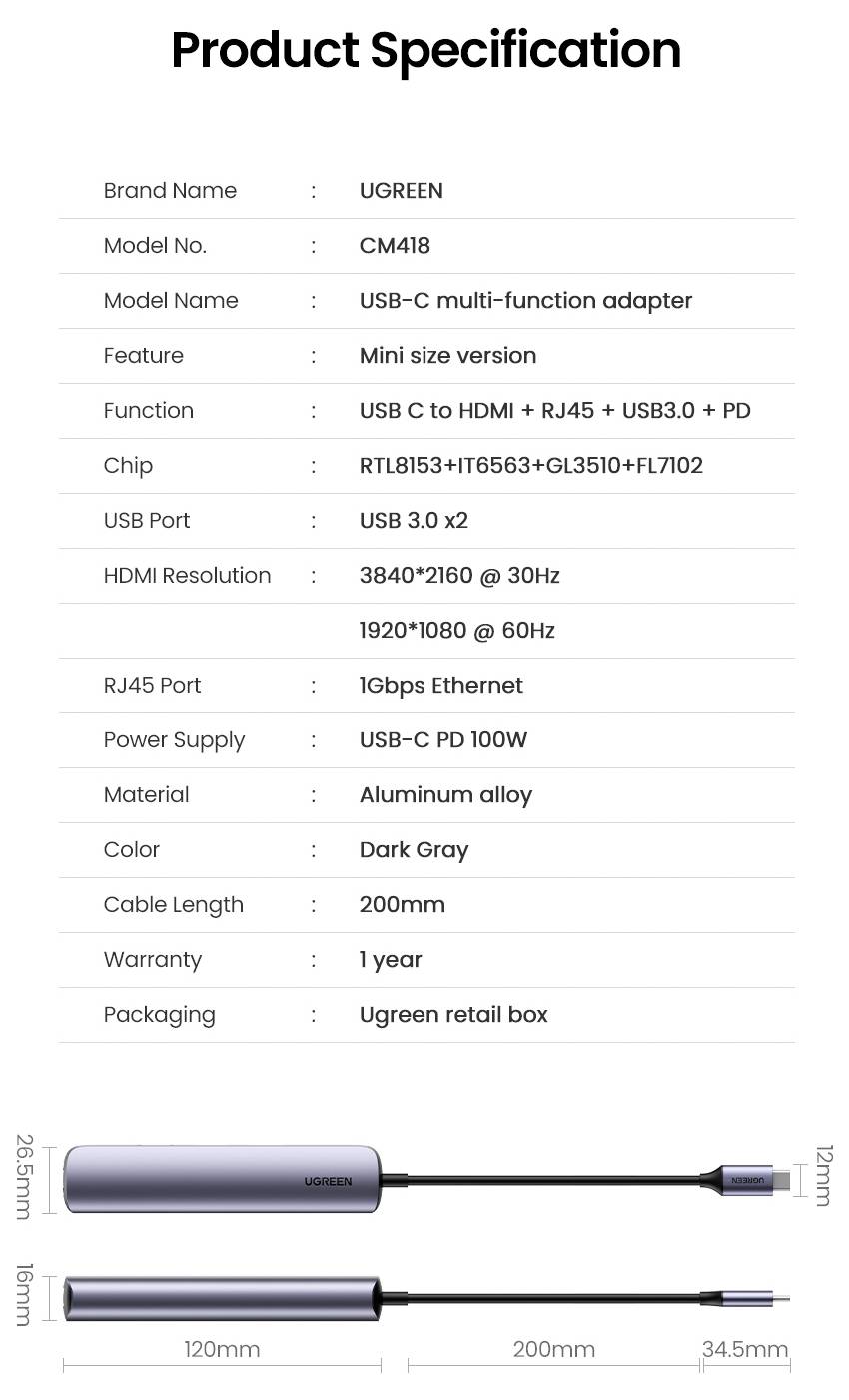 'Specifikace produktu pro UGREEN USB-C víceúčelový adaptér. Zahrnuje USB 3.0, HDMI, PD, RJ45. Rozměry: 245 mm x 35,5 mm.'