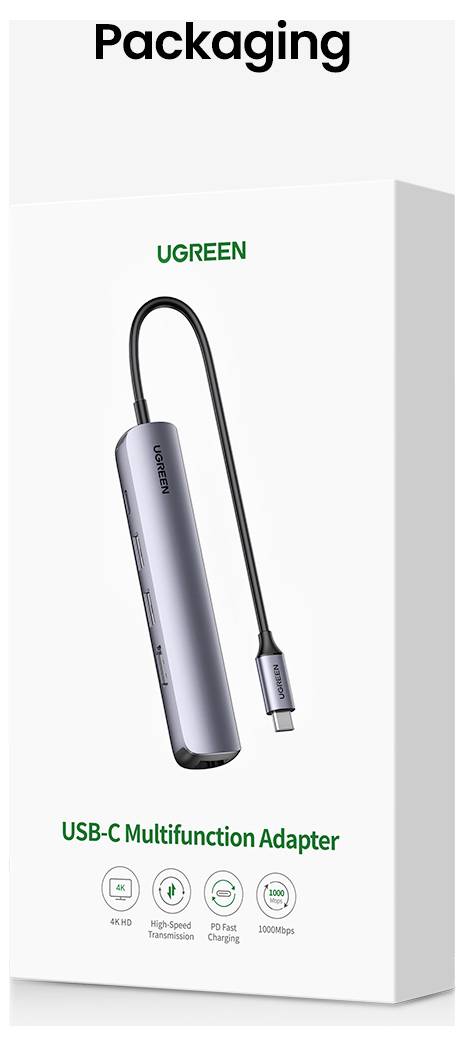 Krabice zobrazující 'UGREEN USB-C Multifunkční Adaptér'. Funkce zahrnují 4K HDMI, vysokou rychlost, nabíjení bez přehřívání, 1000Mbps. Kabel a zařízení jsou zobrazeny.