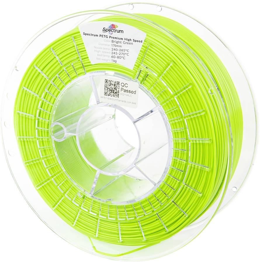 Limetkově zelená cívka filamentu s etiketou „Spectrum PETG Premium High Speed, Bright Green". Vhodný pro 3D tisk při teplotě 245-275°C.