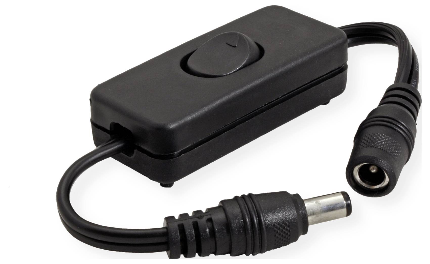 Černý inline spínač s kruhovým tlačítkem je připojen ke kabelu se standardním napájecím konektorem, určený pro ovládání elektronických zařízení.