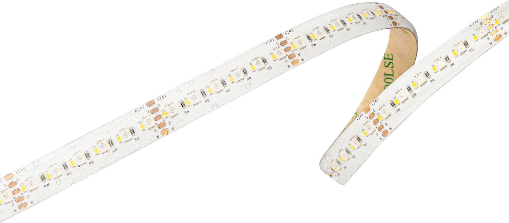 Flexibilní LED pásek s mnoha malými, pravidelně rozmístěnými LED žárovkami podél pásku, používaný pro dekorativní nebo funkční osvětlení.