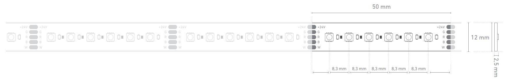 Schéma LED světelného pásku zobrazující rozměry: délka 50 mm, šířka 12 mm, s vyznačenými intervaly LED diod ve vzdálenostech 0,5 cm, 0,7 cm a 1,0 cm.