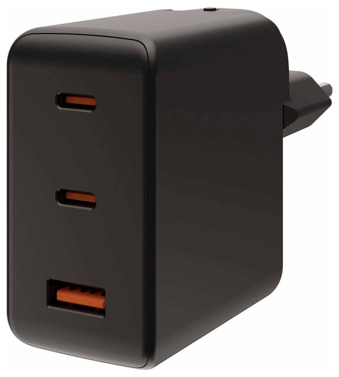 Černá víceportová USB nástěnná nabíječka se dvěma USB-C porty a jedním USB-A portem, navržená pro efektivní nabíjení elektronických zařízení.