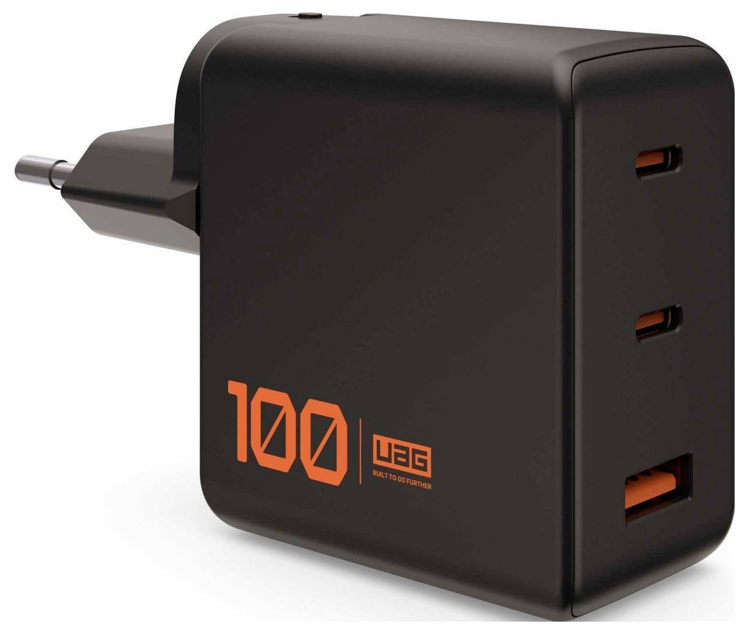 Černá USB nabíječka se třemi porty s nápisem '100W' v oranžové barvě, který naznačuje vysoký výkon pro rychlé nabíjení zařízení.