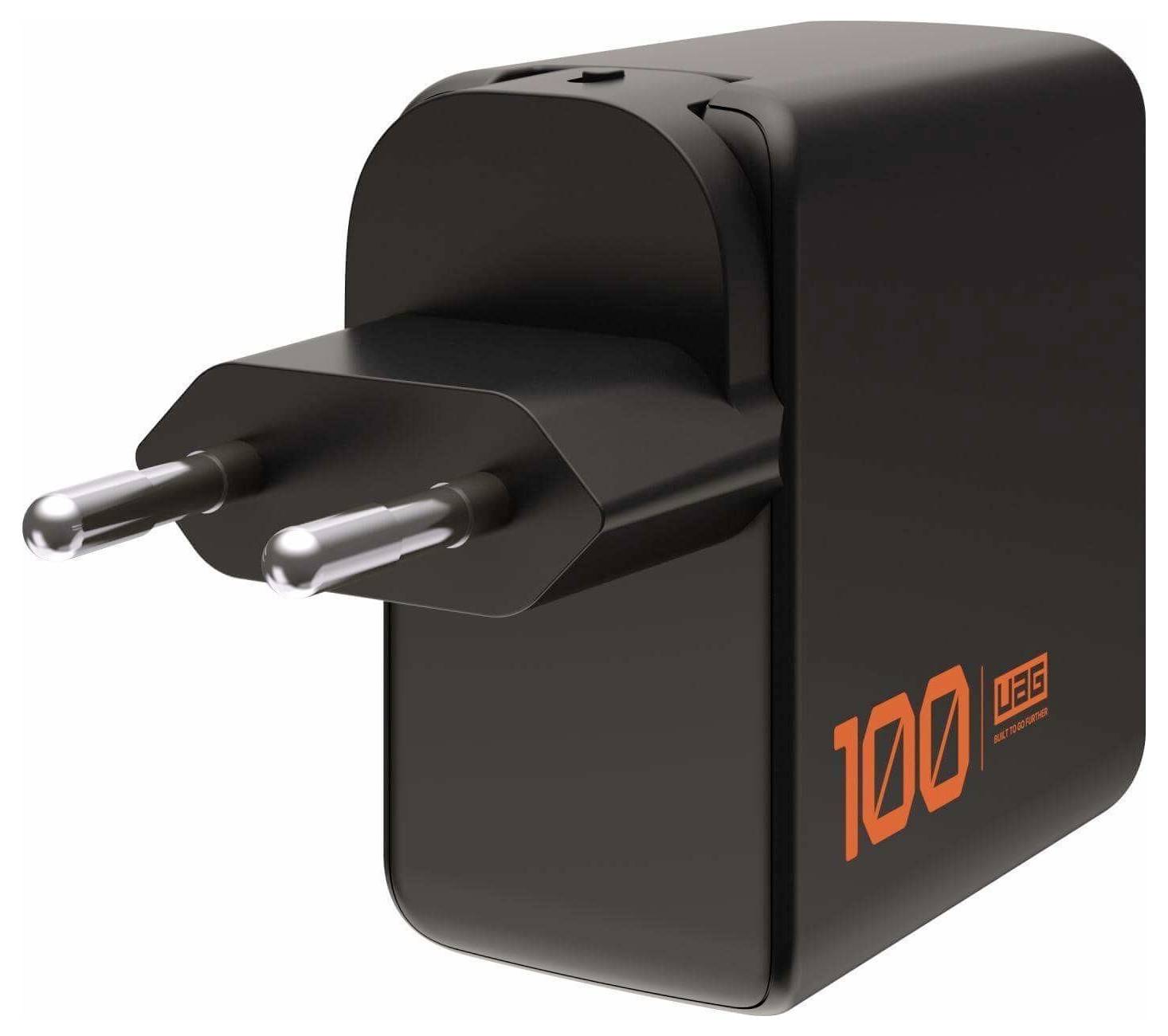 Černá USB nástěnná nabíječka se dvěma kolíky a oranžovou nálepkou "100" na boku.
