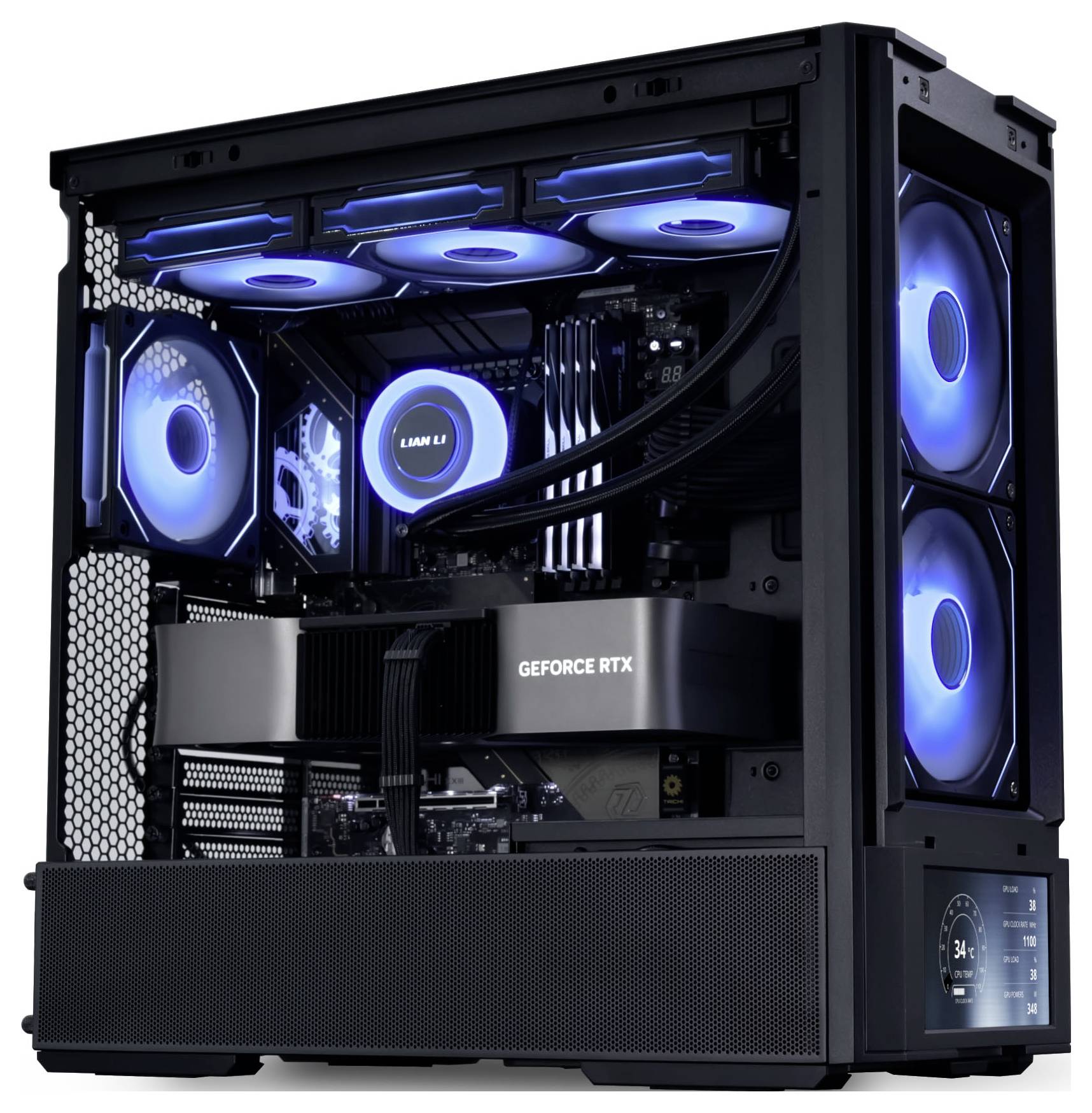 Černý stolní počítač s viditelnými komponenty, který má osvětlené ventilátory s jasně modrými LED diodami a grafickou kartu 'GeForce RTX' uvnitř průhledného počítačového těla.