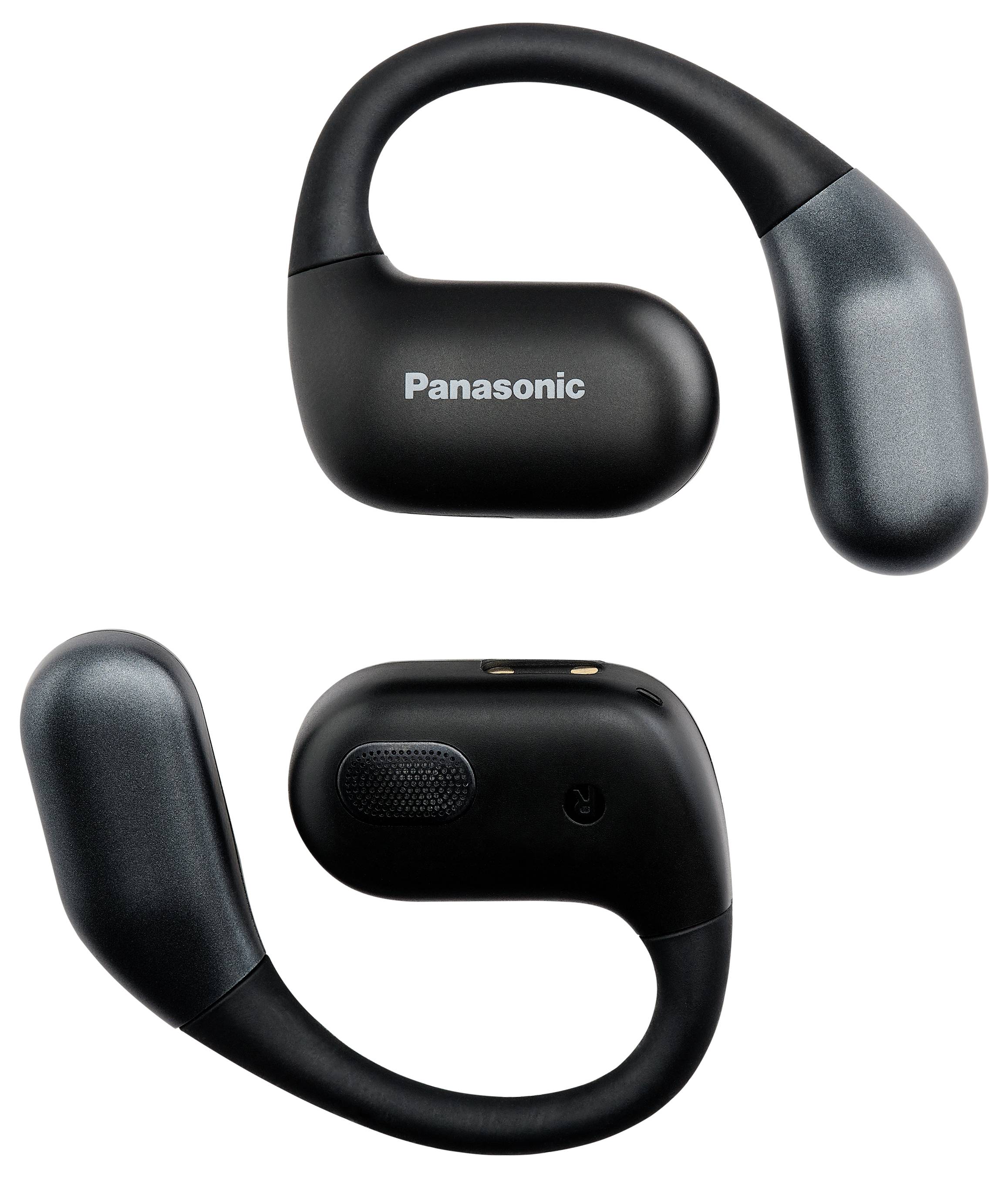 Dva černé bezdrátové sluchátka Panasonic navržené k zavěšení přes ucho. Jeden ukazuje logo značky, druhý zobrazuje vnitřek náušníku.
