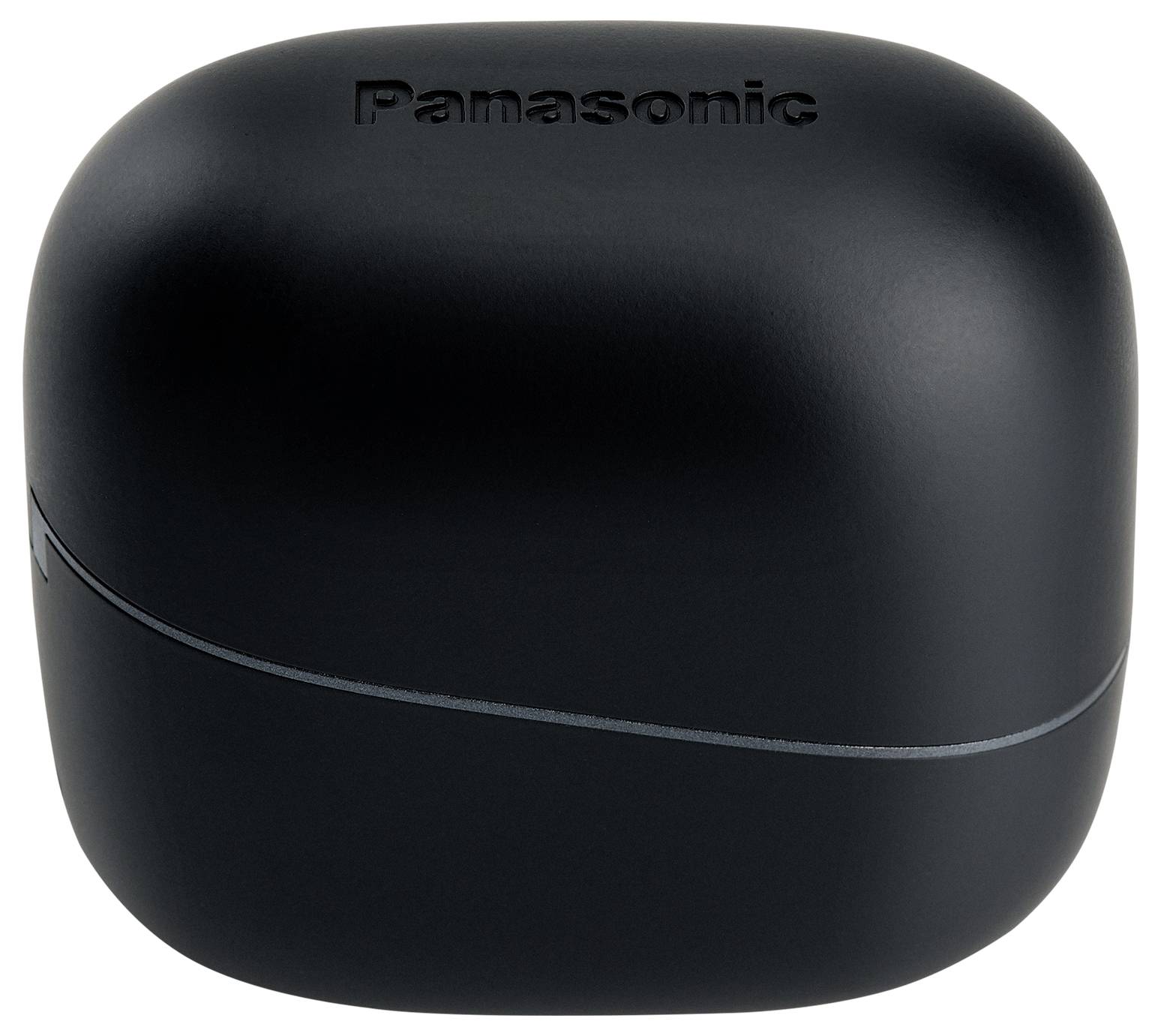 Černý nabíjecí obal na sluchátka s textem 'Panasonic' nahoře.