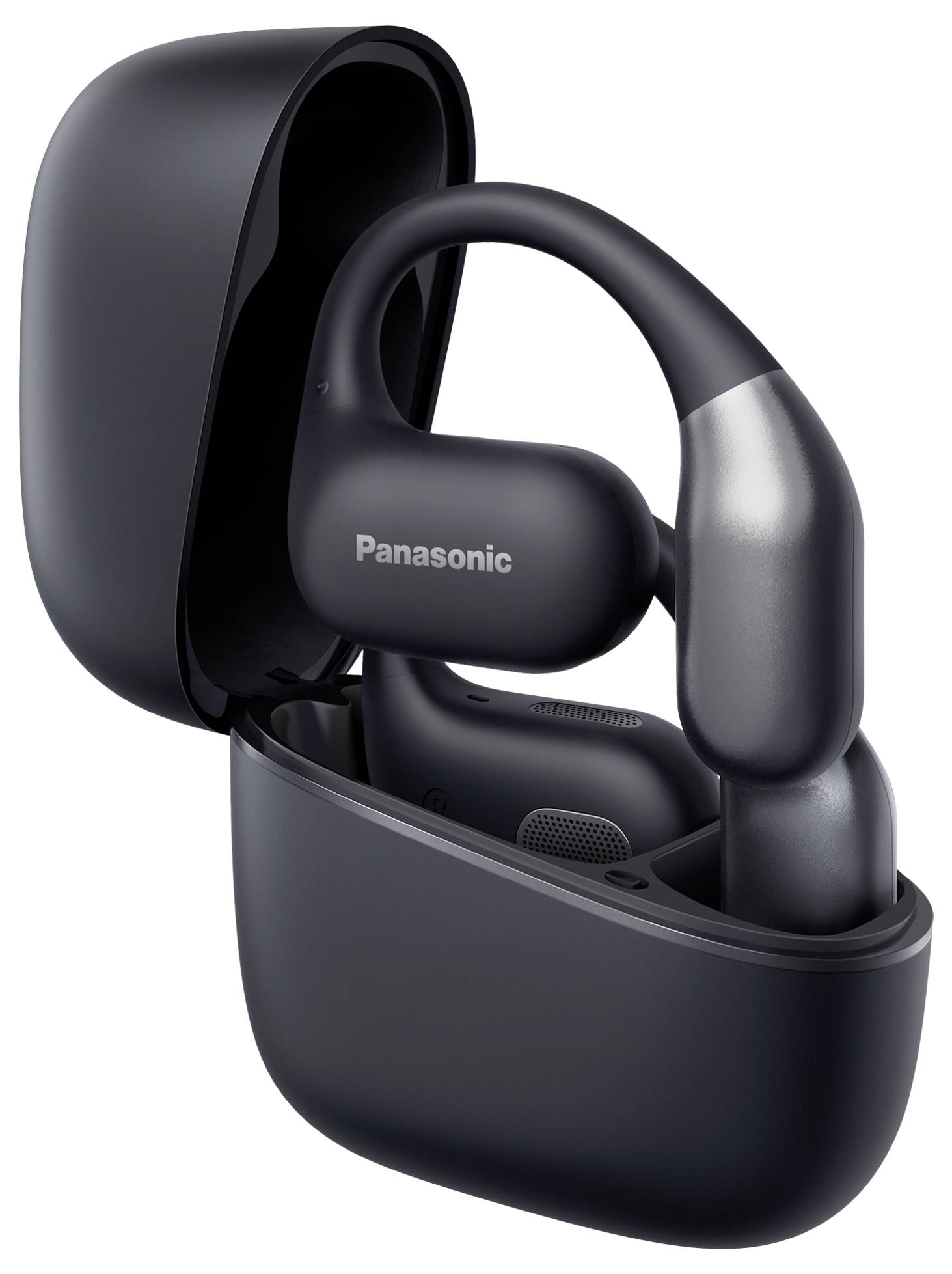 Černé bezdrátové sluchátka značky Panasonic v odpovídajícím nabíjecím pouzdře s otevřeným víkem, vyznačující se elegantním a moderním designem.