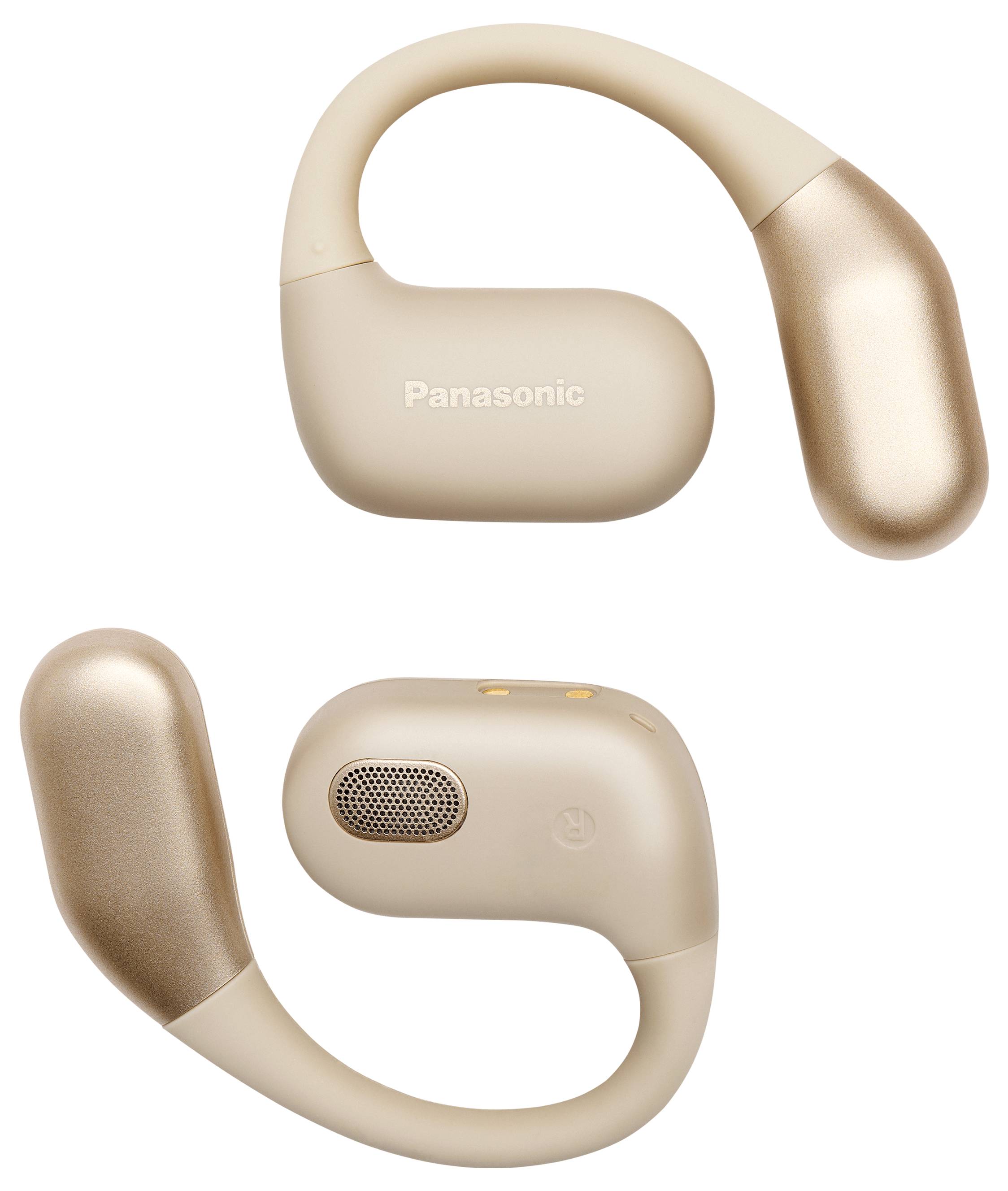 Bezdrátová sluchátka Panasonic v béžové a zlaté barvě, s ergonomickým hákovým designem pro bezpečné uchycení a integrovaným mikrofonem pro hovory.