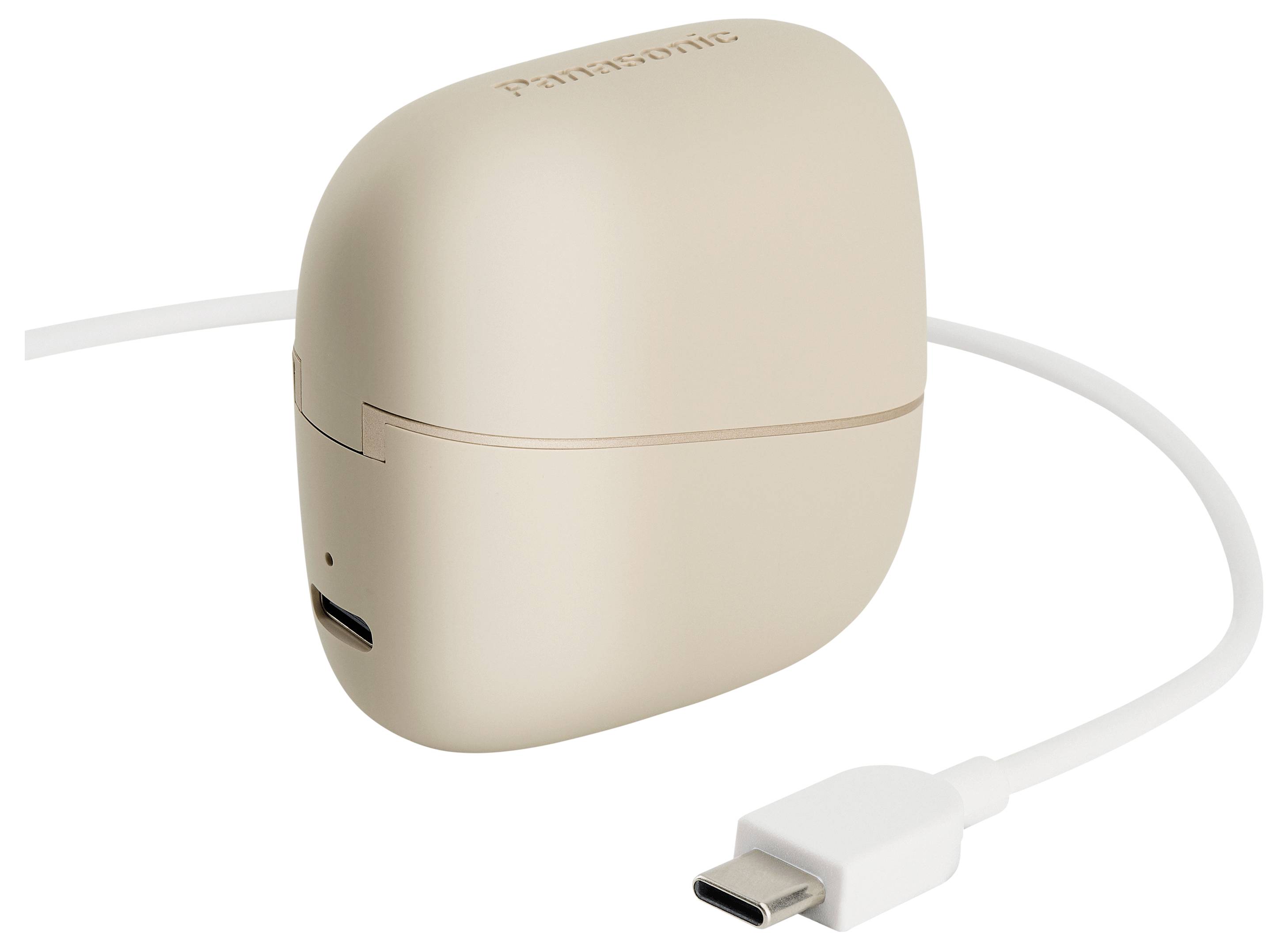 Béžové pouzdro na nabíjení sluchátek s připojeným kabelem USB-C, označené nápisem "Panasonic" na horní straně.