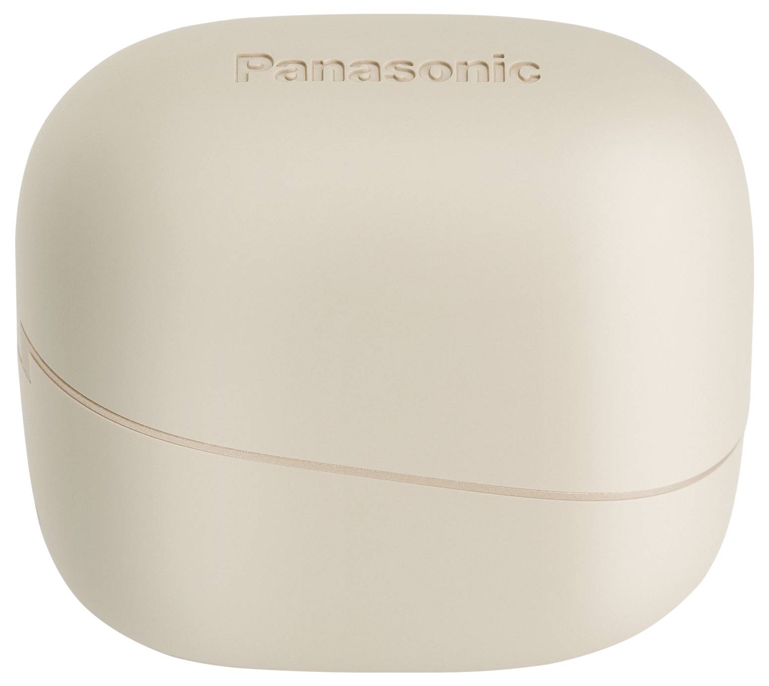 Béžové pouzdro pro bezdrátová sluchátka značky Panasonic s oblými tvary, které vykazuje elegantní a minimalistický design.