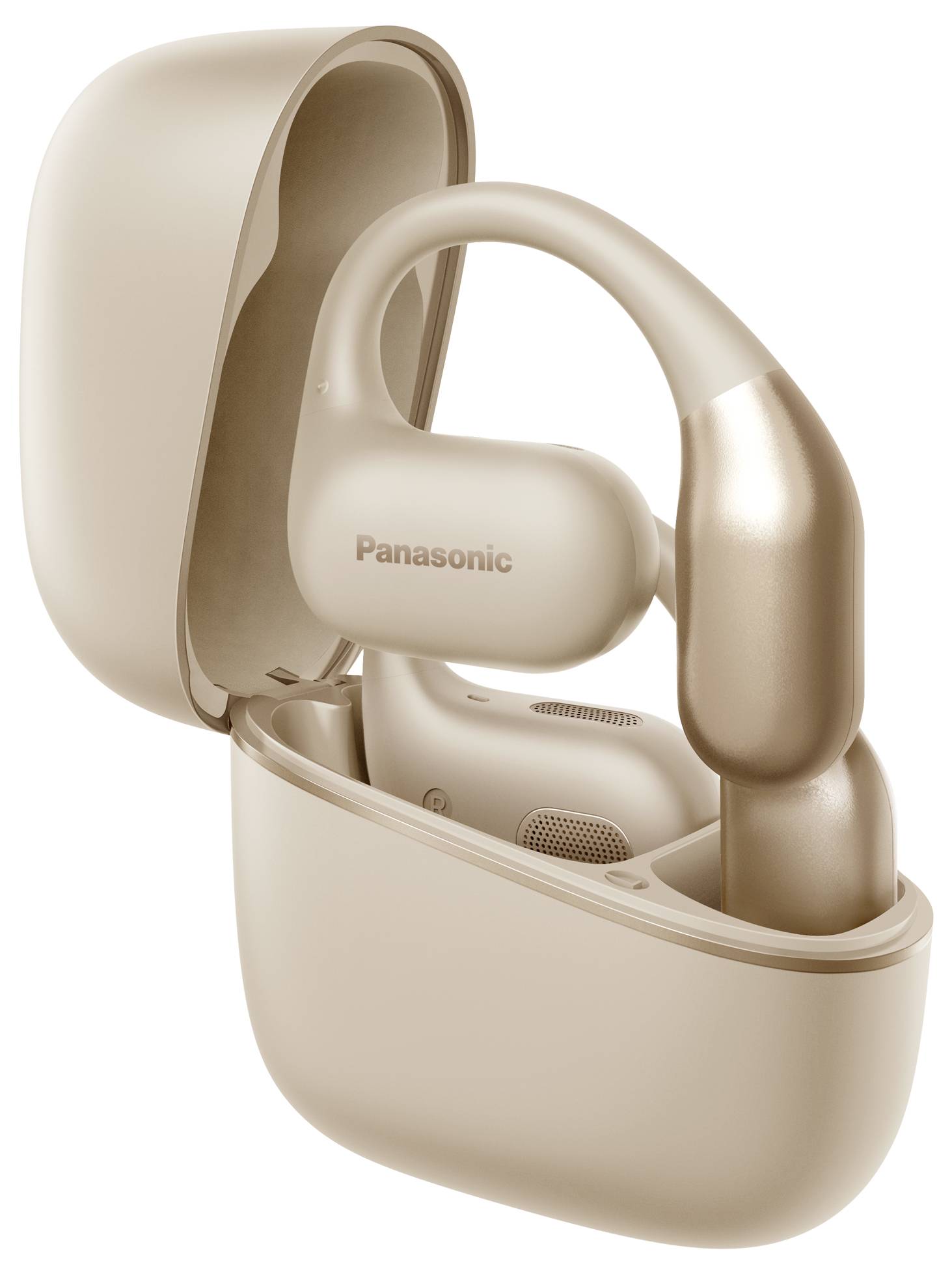 Bezdrátové sluchátka Panasonic v béžovém nabíjecím pouzdře, které ukazují elegantní design s háčkem přes ucho pro bezpečné upevnění.