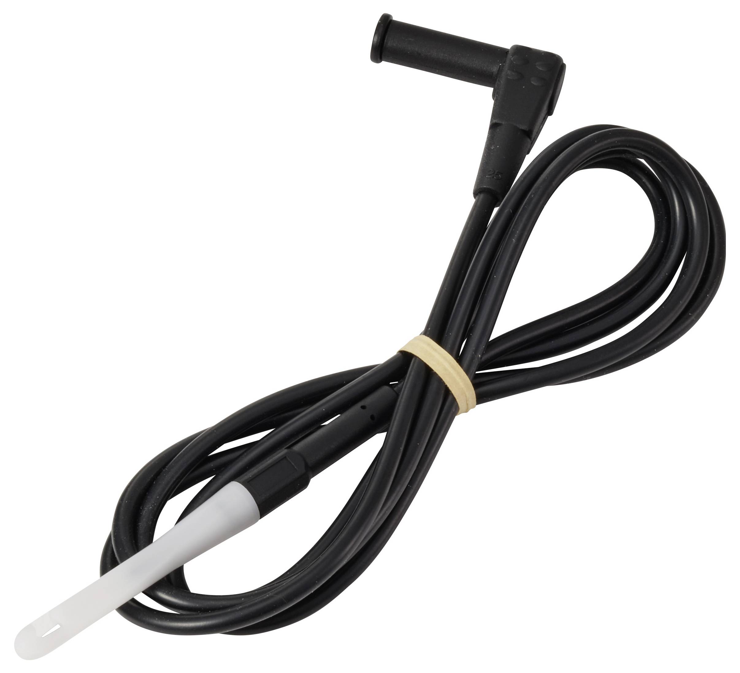 Černý stočený kabel s bílou sondou a šikmým černým konektorem, zajištěný gumovou páskou, používaný pro snímání teploty.