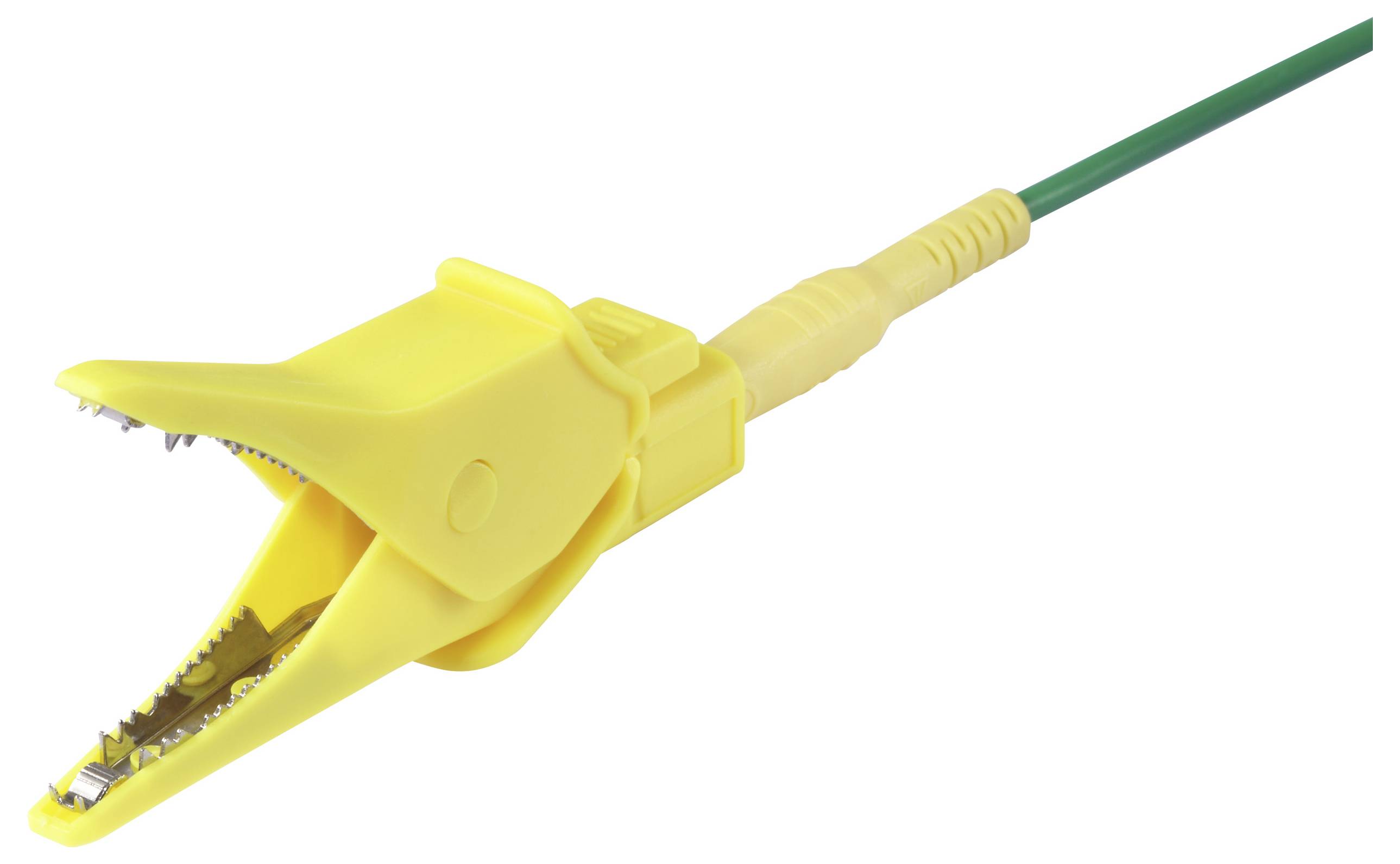 Žlutá krokosvorka připojená k zelené elektické šňůře, s viditelnými kovovými zuby.