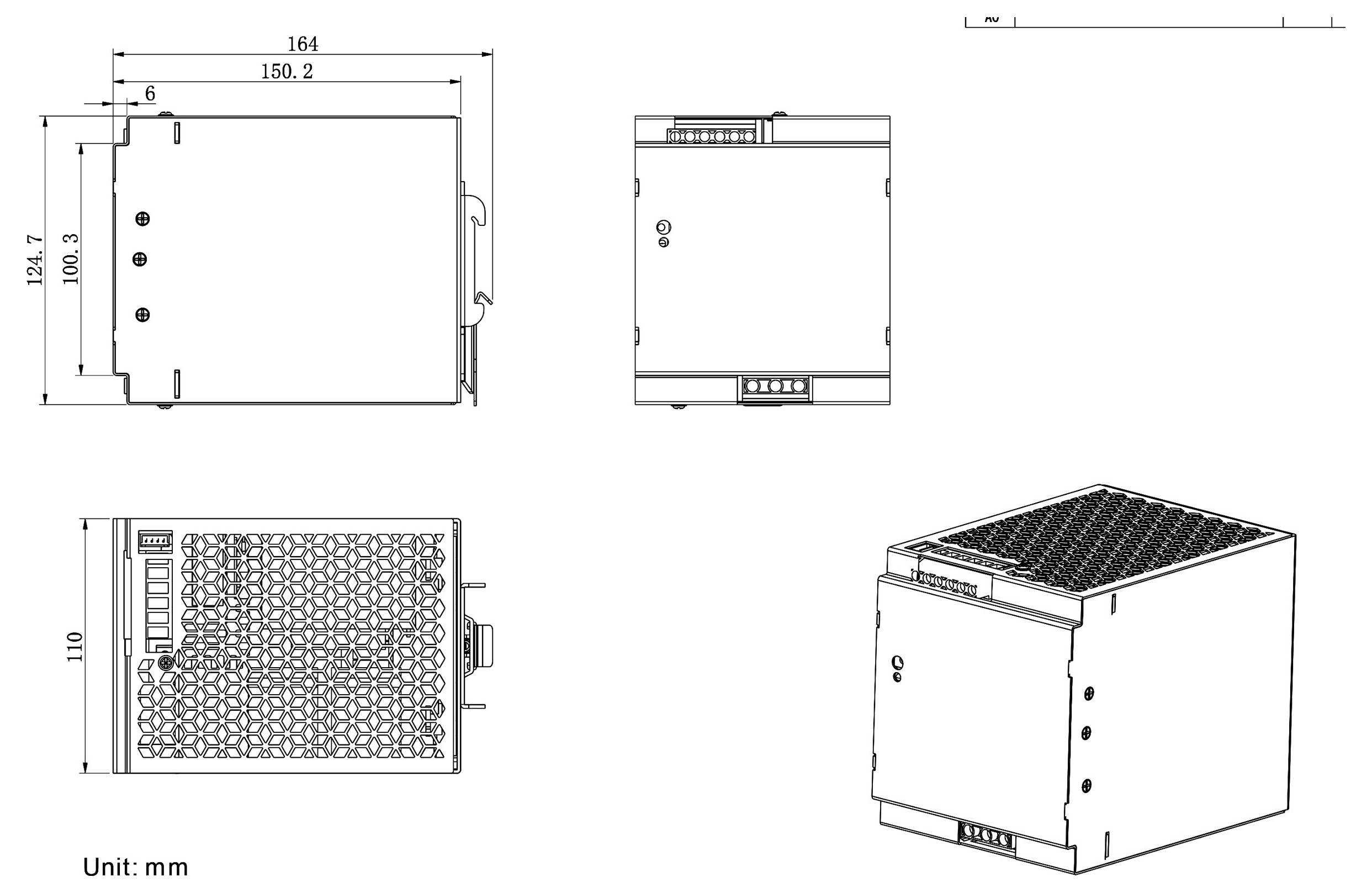 'Technický diagram zdroje napájení s rozměry: 150,2 mm na šířku, 182,7 mm na výšku, 100,7 mm na hloubku. Zobrazeny různé pohled ze stran.'