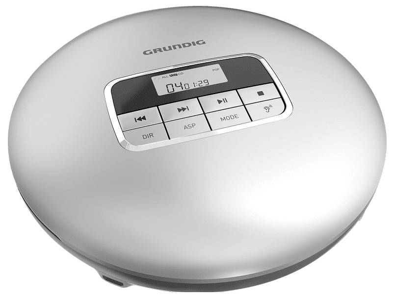 Šedý, kruhový přenosný CD přehrávač s digitálním displejem a ovládacími tlačítky na horní straně, na kterém je zobrazen logo 'Grundig'.