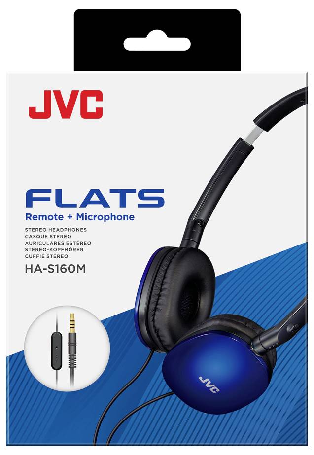 Balení sluchátek JVC Flats zobrazující modrý model s dálkovým ovládáním a mikrofonem, model HA-S160M. Text je vícejazyčný.
