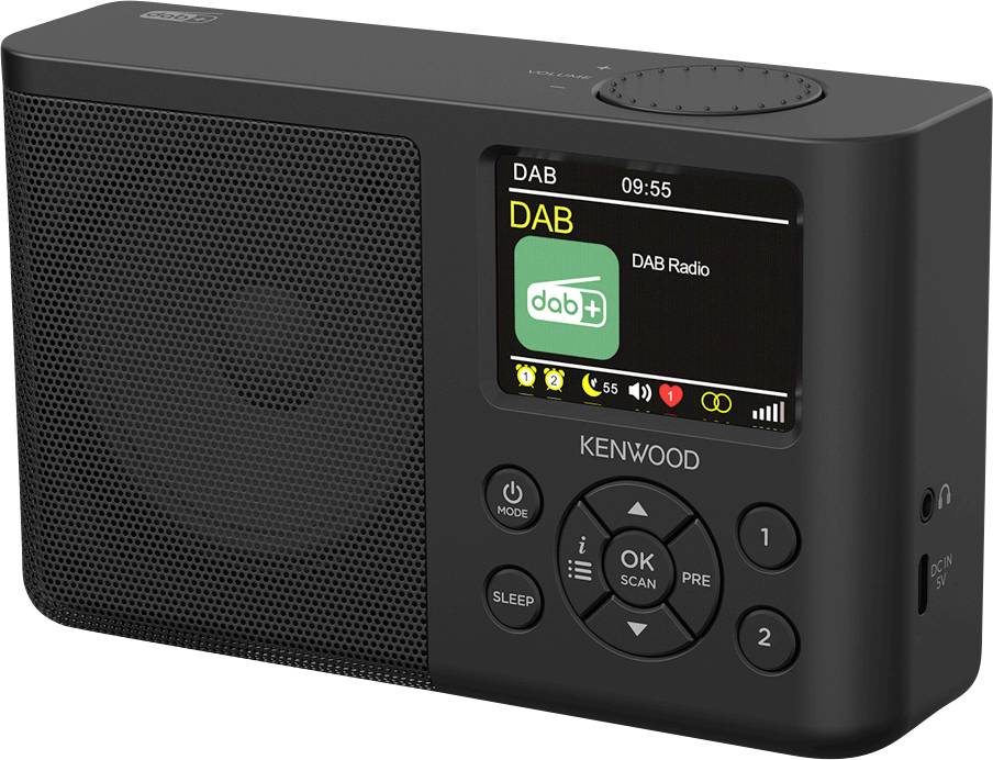 Černé rádio Kenwood s DAB tunerem zobrazující nápis 'DAB Radio' na displeji, s ovládacími tlačítky pro režim, nastavení a hlasitost na přední straně přístroje.