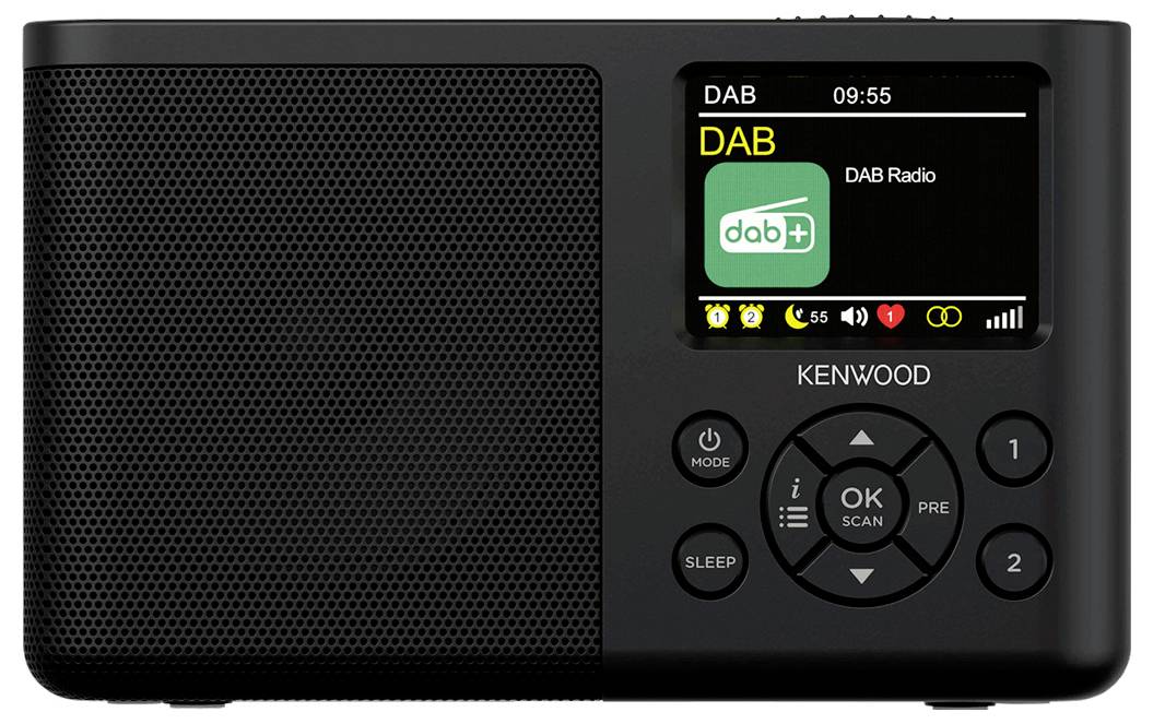 Černé přenosné digitální rádio značky Kenwood s displejem zobrazujícím 'DAB Radio' a navigačními tlačítky pod ním.