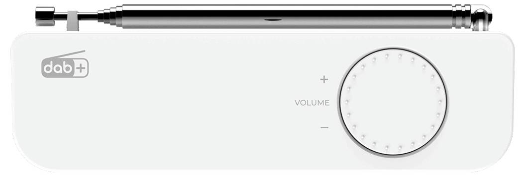 Bílé rádio DAB+ s vysunutou anténou a velkým ovladačem hlasitosti na pravé straně.