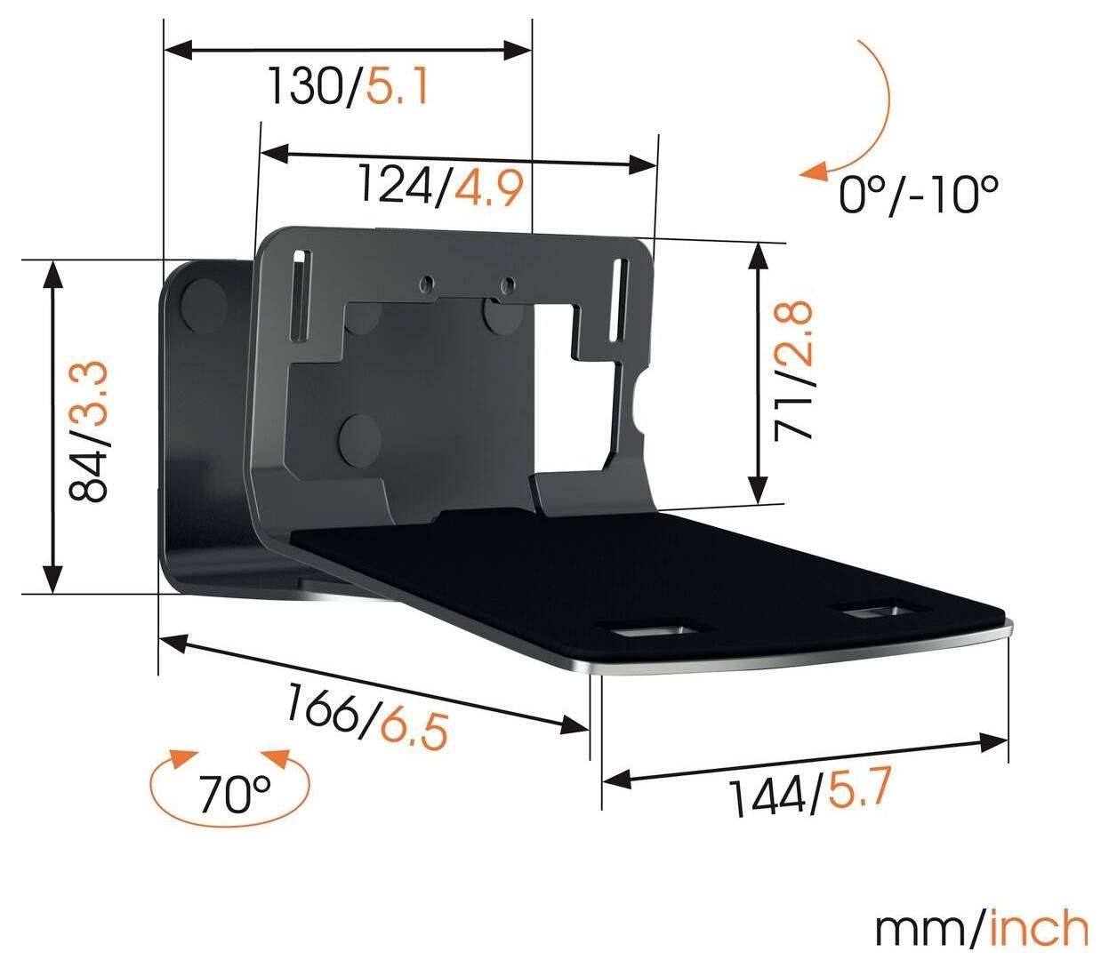 'Rozměry konzole: šířka 130 mm/5,1 palce, výška 124 mm/4,9 palce, hloubka 84 mm/3,3 palce. Náklon: 0°-10°. Montáž ve výšce 166 mm/6,5 palce, základna ve výšce 144 mm/5,7 palce.'