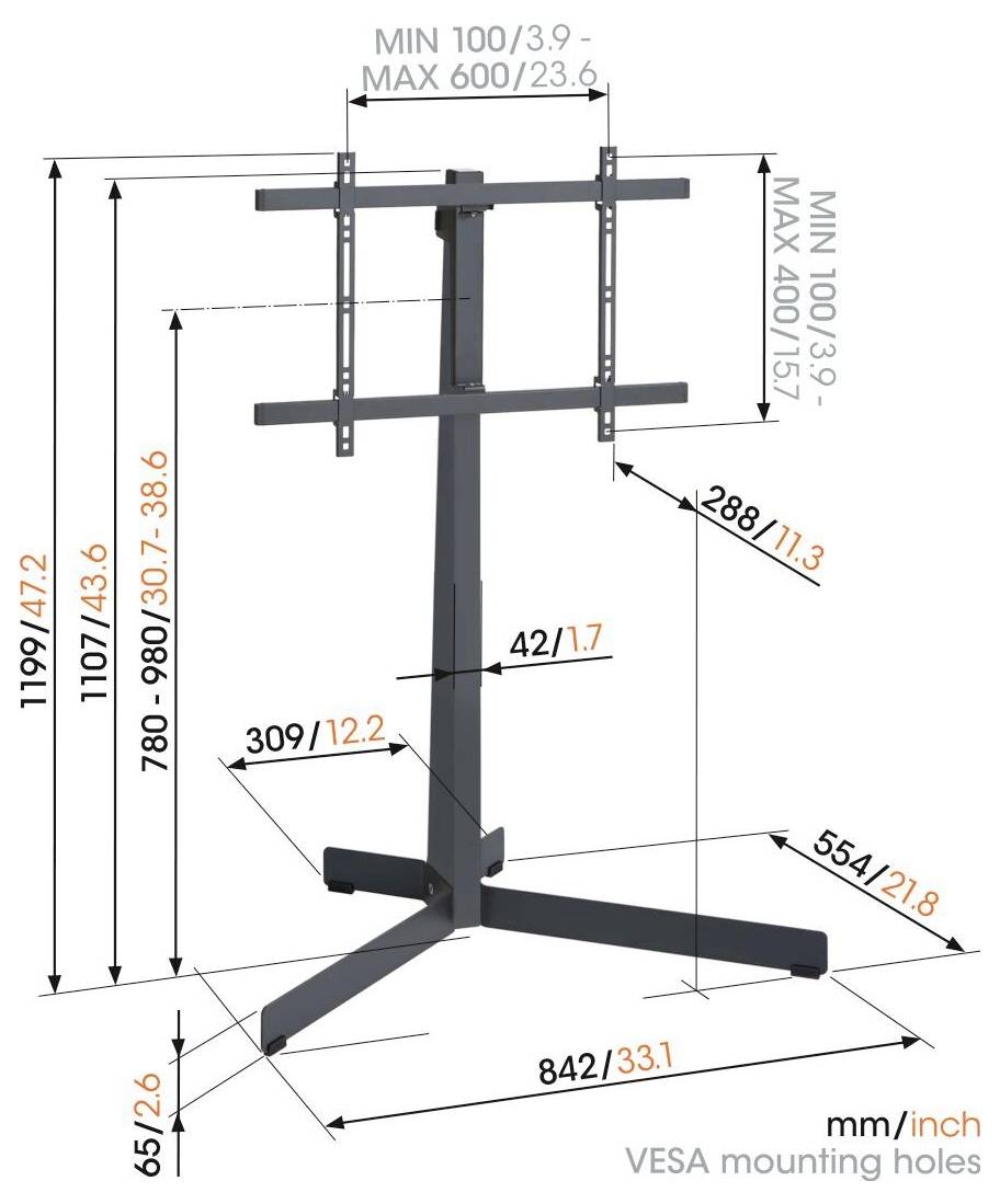 Diagram TV stojanu s nastavitelnou výškou 780-1190 mm a VESA uchycovacími otvory 100x100 mm až 600x400 mm. Rozměry základny: 842x554x882 mm.