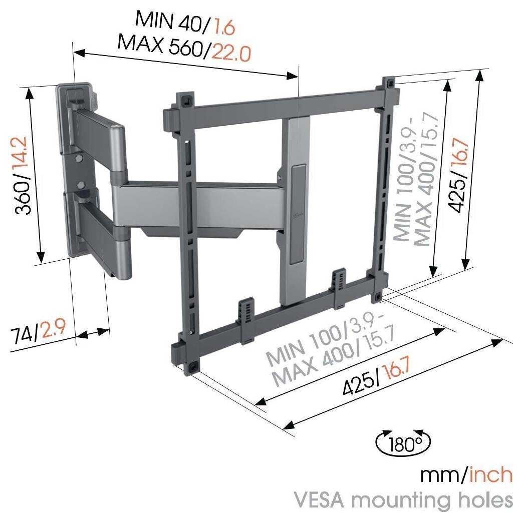 Montážní konzole pro nástěnnou montáž s rozměry: výška 360 mm/14,2 palce, šířka nastavitelná od 74 mm/2,9 palce do 425 mm/16,7 palce, s rotací o 180°.