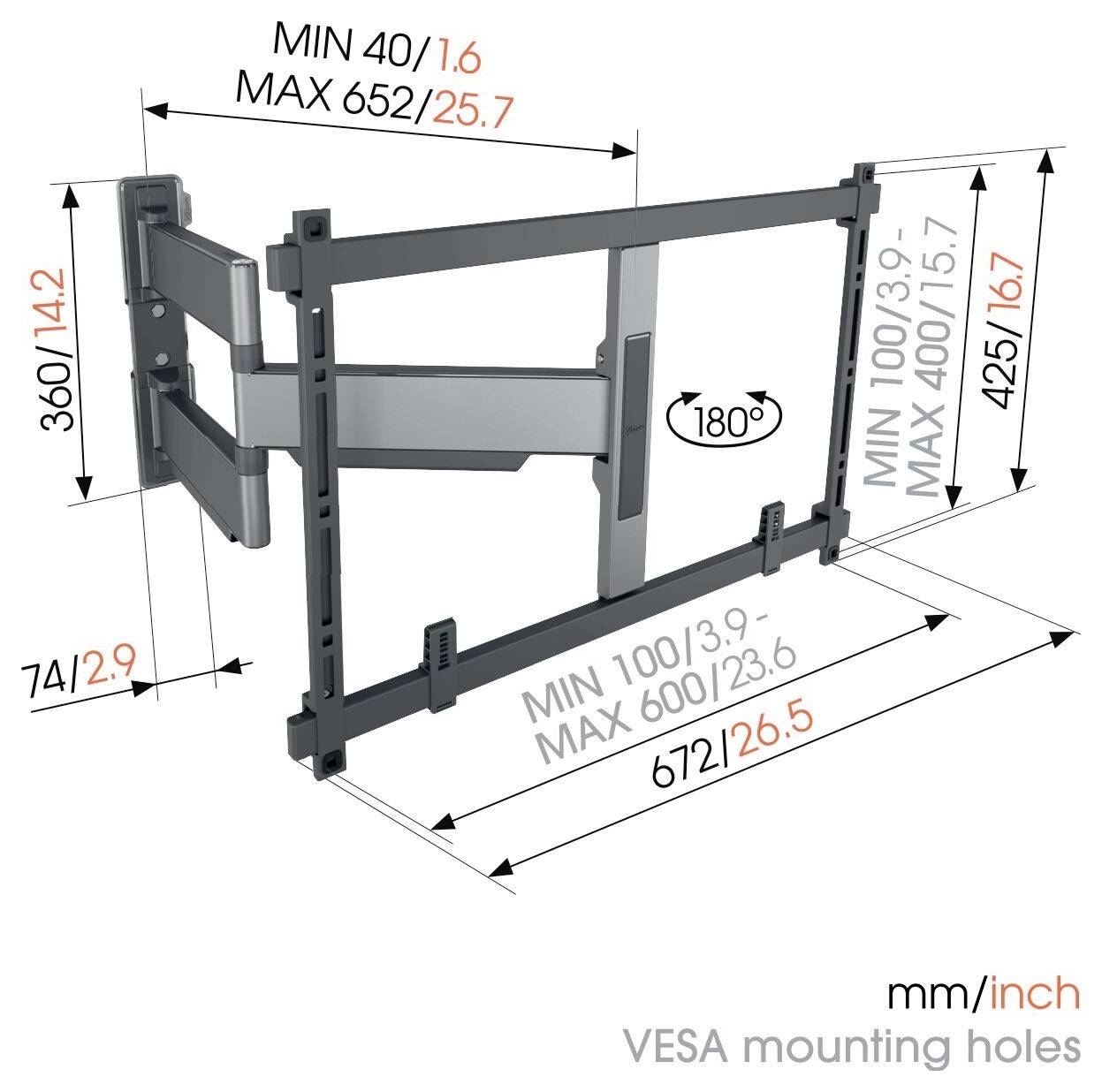 Diagram držáku na stěnu pro obrazovky. Rozměry: min 40 mm/1,6 palce, max 652 mm/25,7 palce šířka, min 100 mm/3,9 palce, max 400 mm/15,7 palce výška, otočný o 180°.