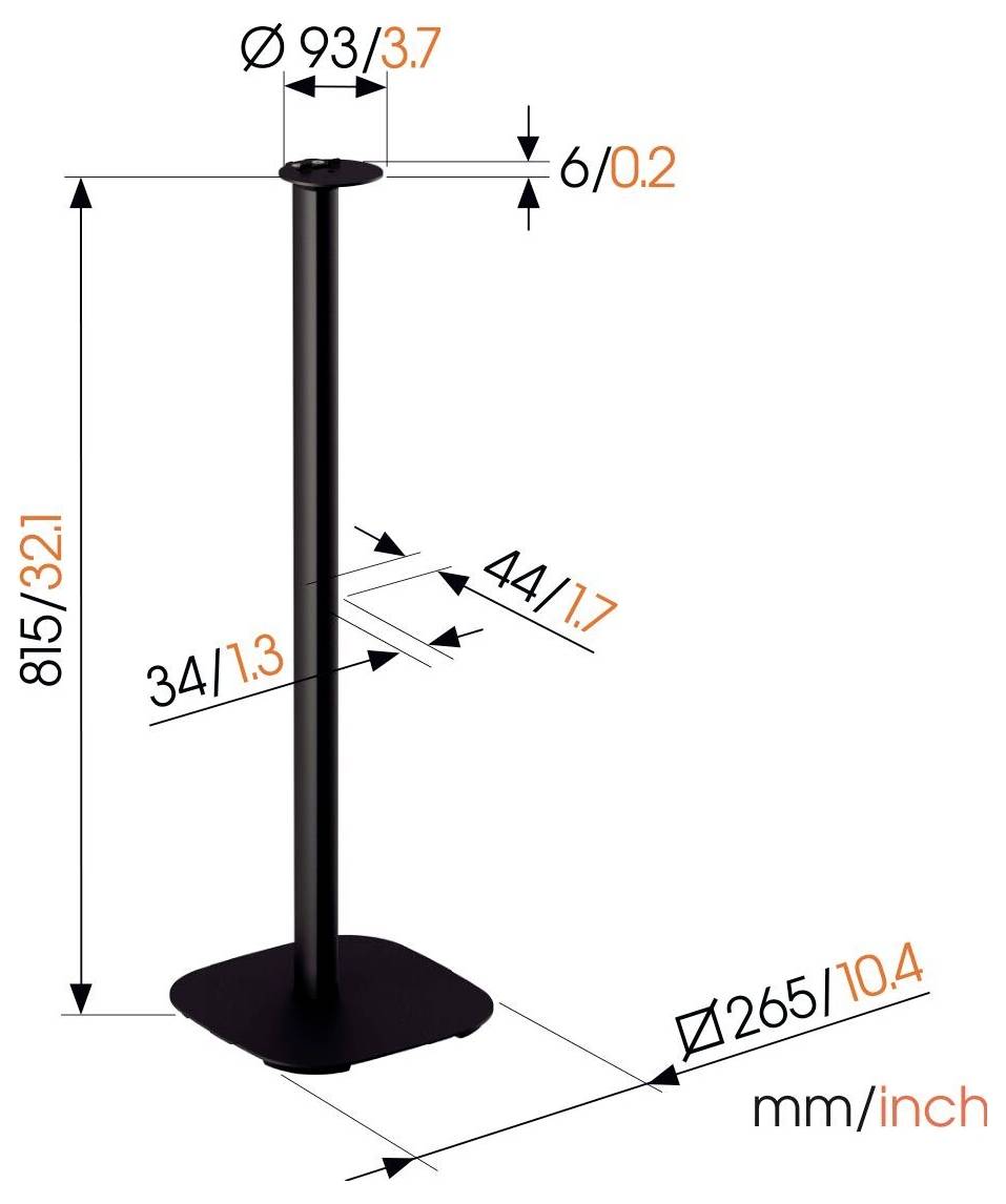 Diagram černého kovového stojanu s rozměry: výška 815 mm/32,1 palce, šířka základny 265 mm/10,4 palce, horní průměr 93 mm/3,7 palce.