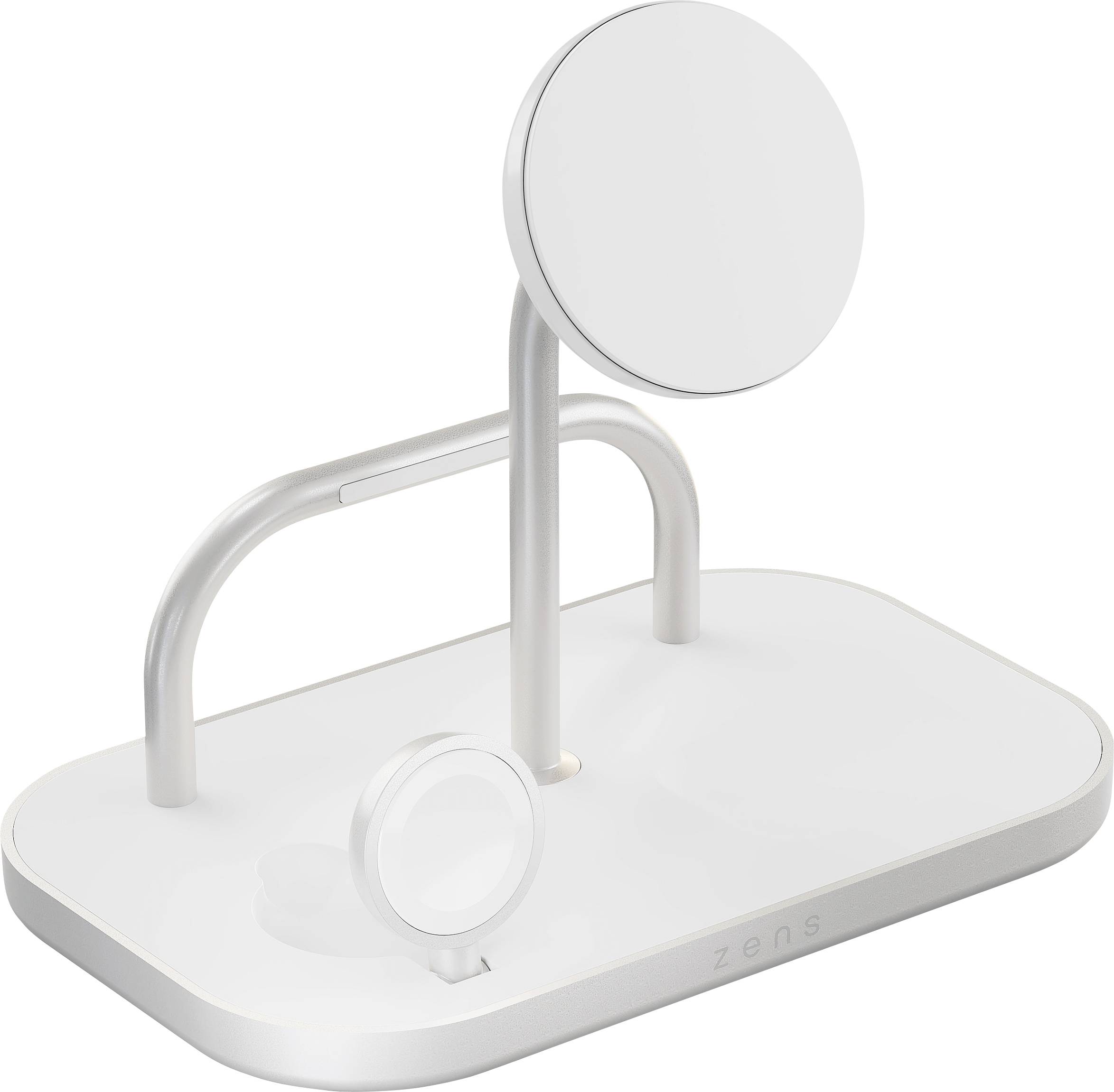 Elegantní, bílá bezdrátová nabíjecí stanice se dvěma nabíjecími podložkami na zvýšeném stojanu, určená pro smartphony a chytré hodinky.