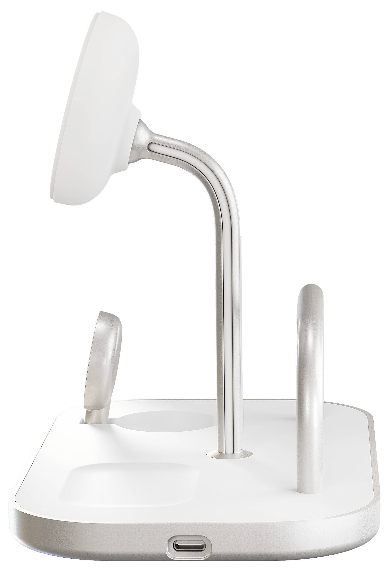 Elegantní, moderní bílý dobíjecí stojan s několika sloty a portem USB-C, navržený pro organizaci a nabíjení elektronických zařízení.