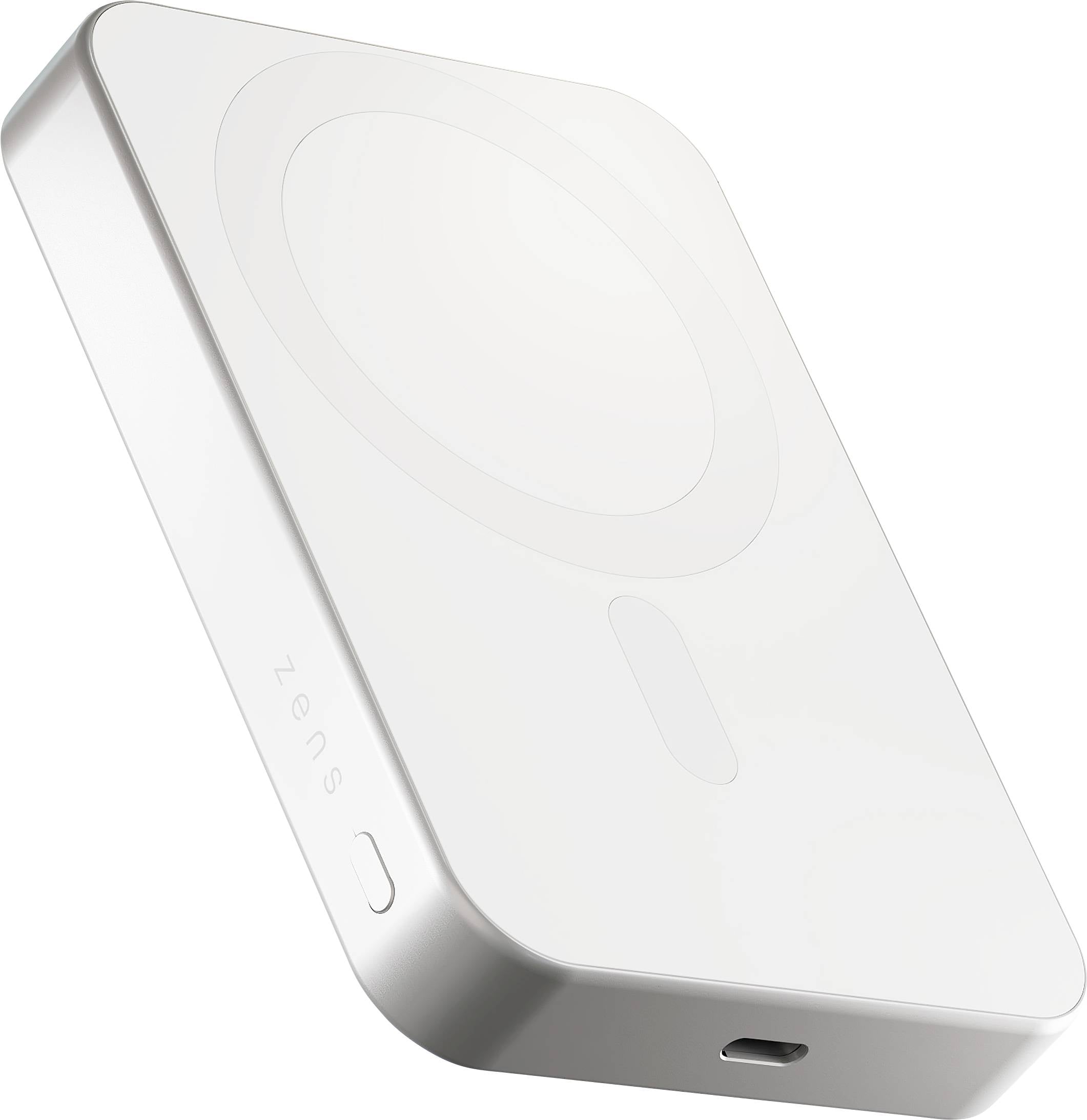 Elegantní, bílý obdélníkový nabíjecí podložka se zaoblenými hranami, která má bezdrátovou nabíjecí plochu a USB-C port na jedné straně.