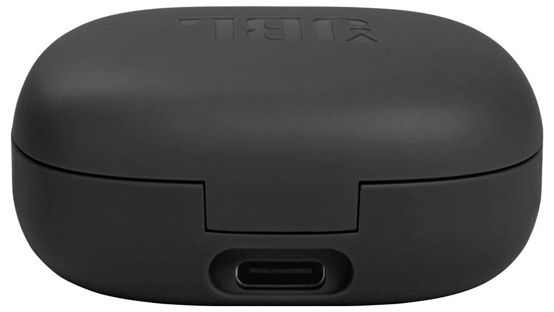 Černé, kompaktní nabíjecí pouzdro pro bezdrátová sluchátka s USB-C portem na přední straně.