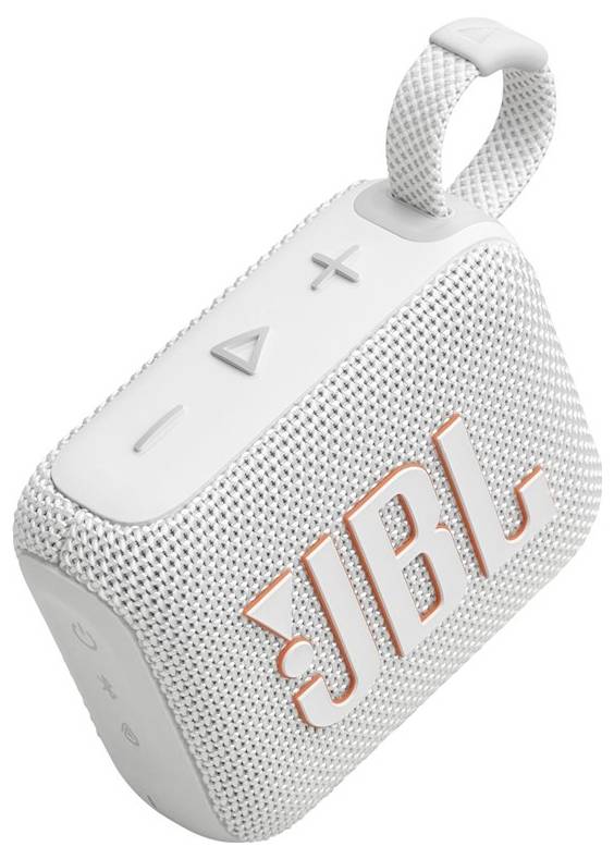 Bílý přenosný Bluetooth reproduktor JBL s texturovaným povrchem, který má ovládací tlačítka nahoře a smyčku pro snadné nošení.