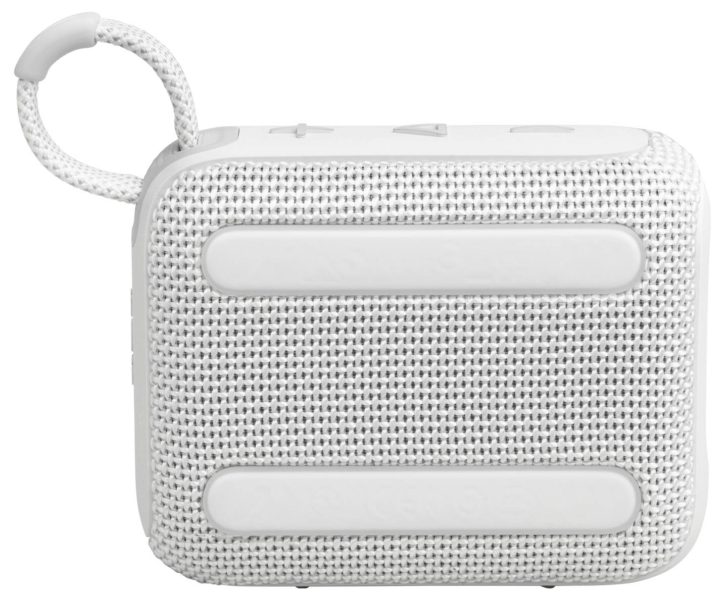 Přenosný bílý bluetooth reproduktor s textilním potahem a úchytem pro nošení, určený pro přehrávání hudby při cestování.