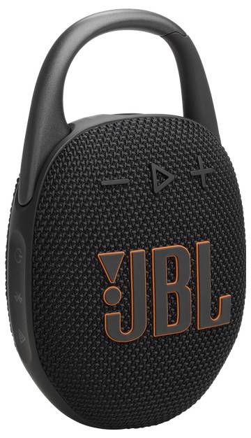 Přenosný černý Bluetooth reproduktor JBL s oranžovým logem, vybavený karabinou pro snadné připevnění a tlačítky plus a minus na horní straně.