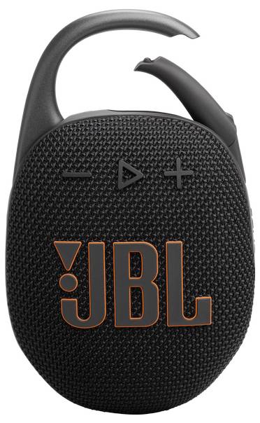 Přenosný černý reproduktor JBL s texturovaným povrchem, ovládacími tlačítky a vestavěnou smyčkou pro přenášení.