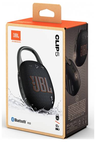 Přenosný bluetooth reproduktor JBL Clip 5 v černé barvě s oranžovým brandingem zobrazený na obalu; podporuje bluetooth verze 5.3 a nabízí 12hodinovou výdrž baterie.
